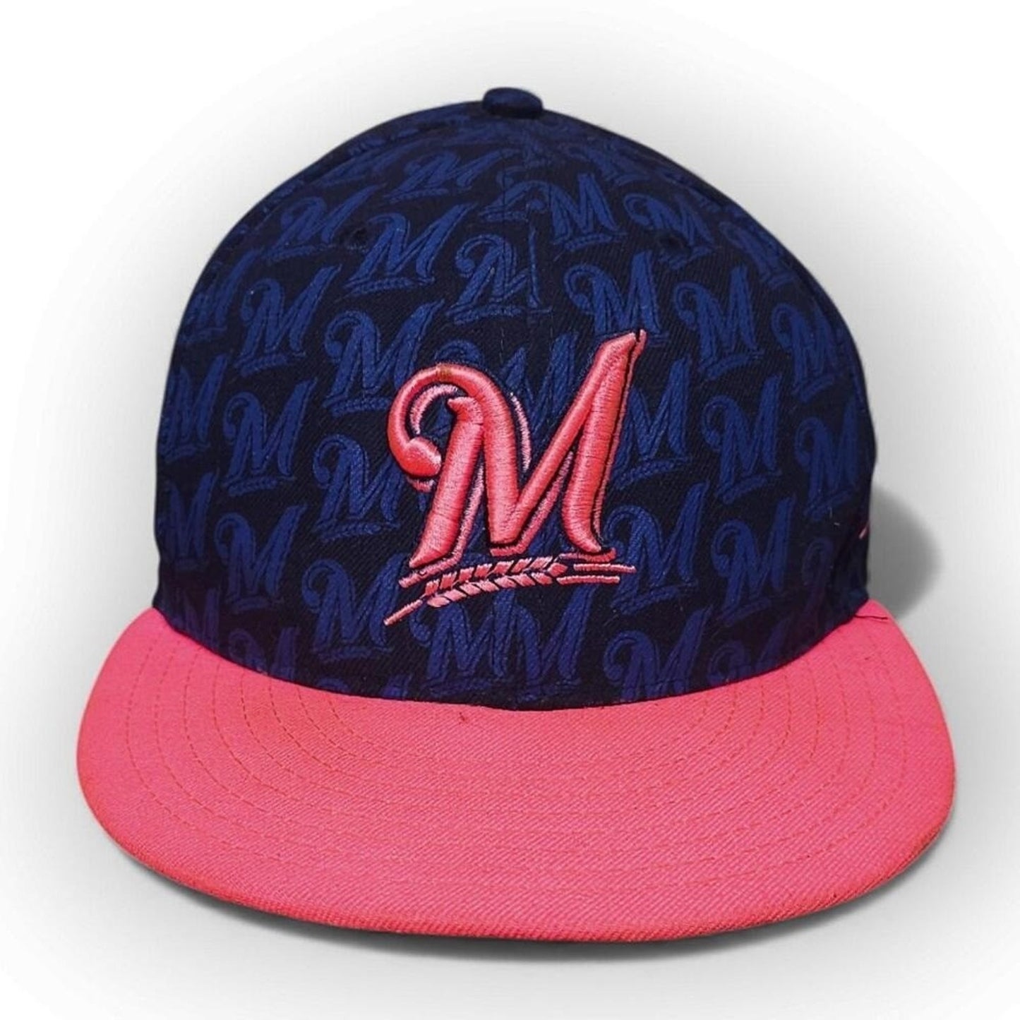 New Era Milwaukee Brewers MLB Baseball Cap 59FIFTY Fitted Hat Size 7 Pink Brim