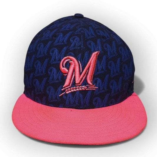 New Era Milwaukee Brewers MLB Baseball Cap 59FIFTY Fitted Hat Size 7 Pink Brim