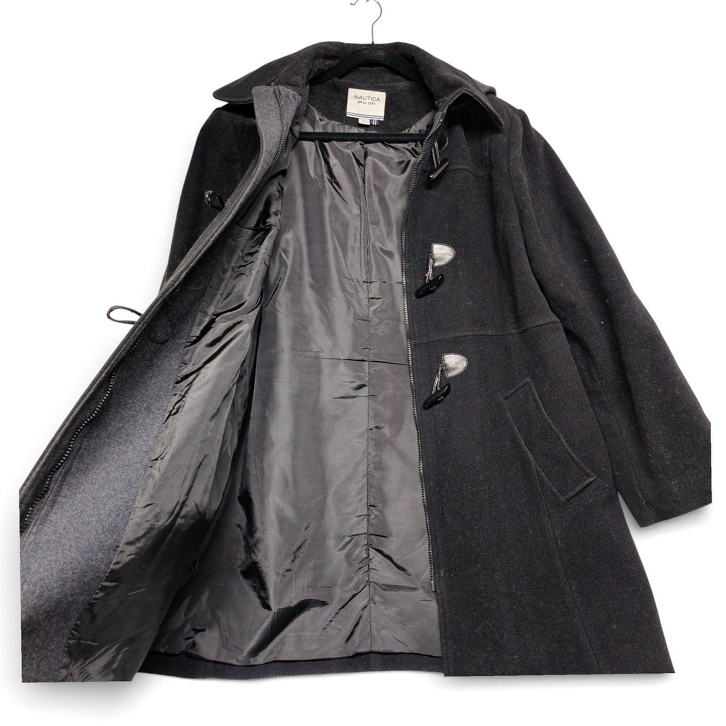 Nautica Women's Dark Gray Wool Blend Duffle Coat Toggle Closure Hooded Size XL